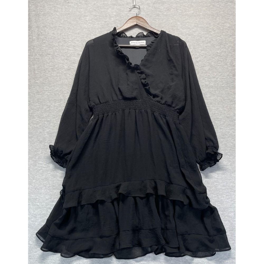 Emma & Michele Fit & Flare Dress Womens PL Black Chiffon Smocked Ruffled V-Neck